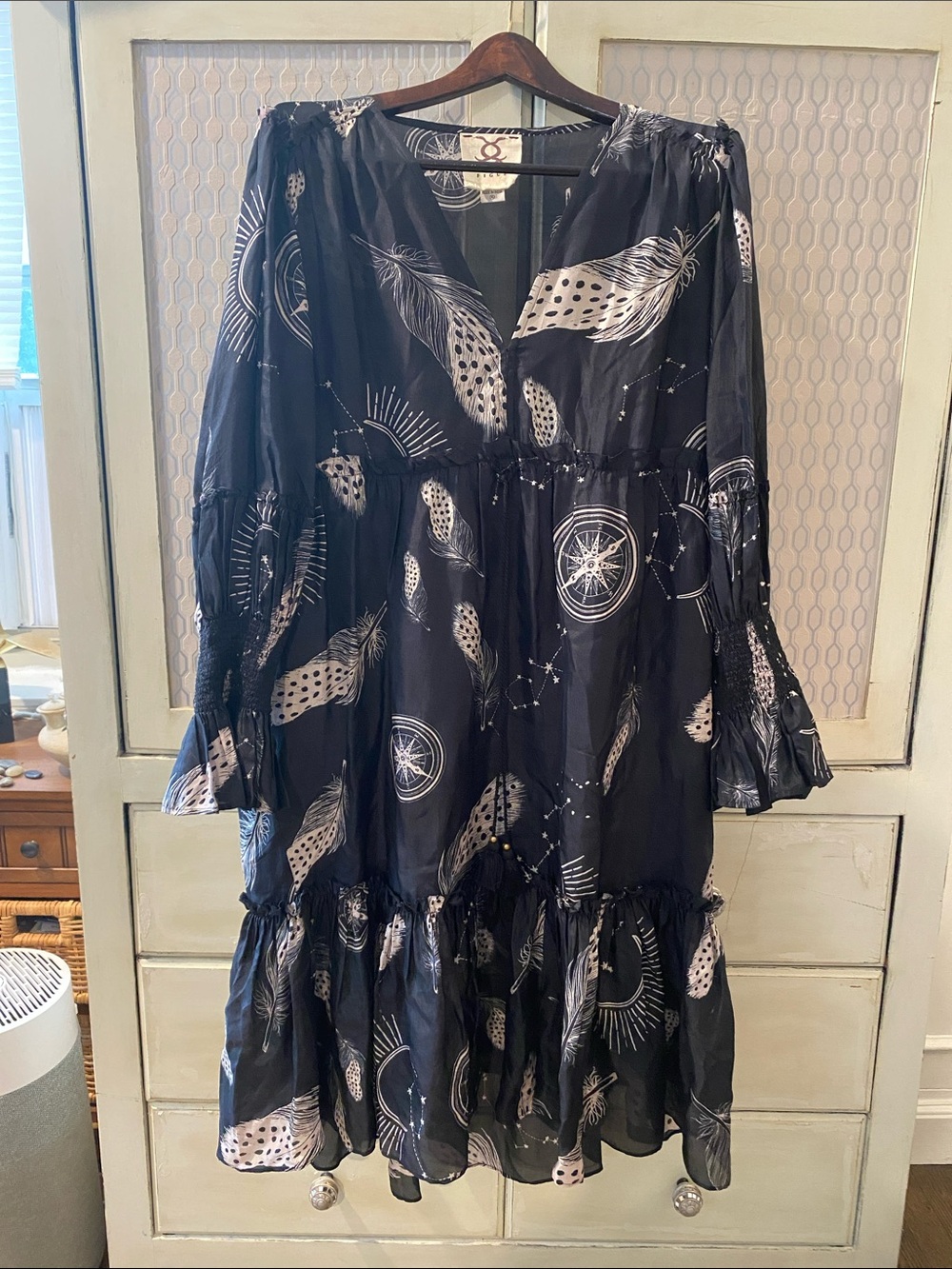 Black Printed Tiered Midi Dress with Feather & Compass Motif